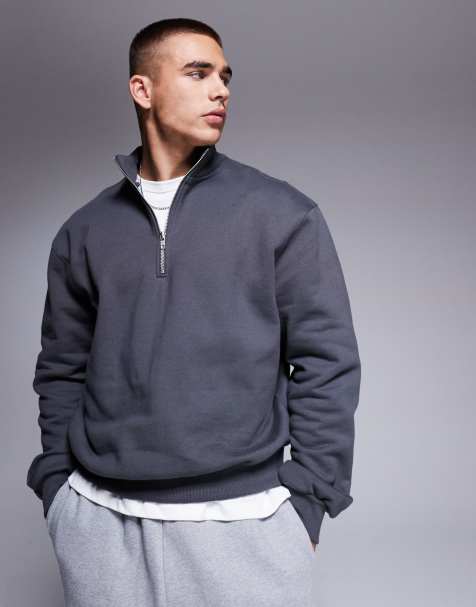 ASOS DESIGN – Premium – Schweres Oversize-Sweatshirt in verwaschenem Schwarz mit kurzem Reißverschluss und kastigem Schnitt, 400 g/m² - view 1