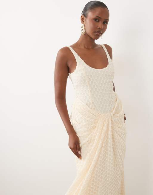 white crochet long sleeve dress Cozumel and perfect for special Maxi Dress - Sexy Fitted Bodice Dress Color:Champagne +Black Satin Trim