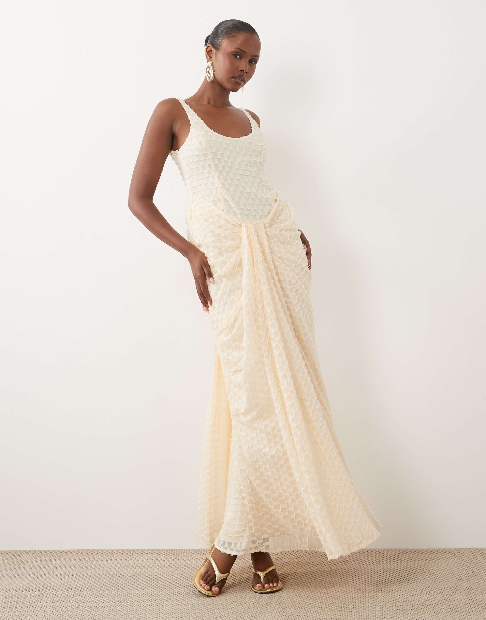 asos design premium scoop neck draped front textured chiffon maxi dress in oyster