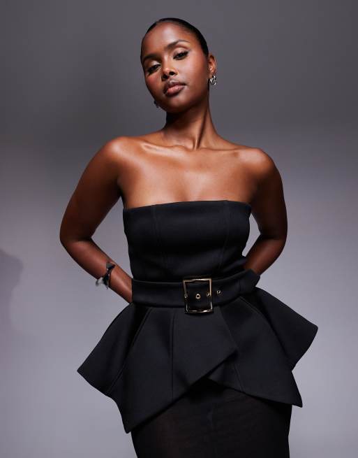 ASOS DESIGN premium scuba bodice maxi dress with cinched belt detail and sheer skirt in black