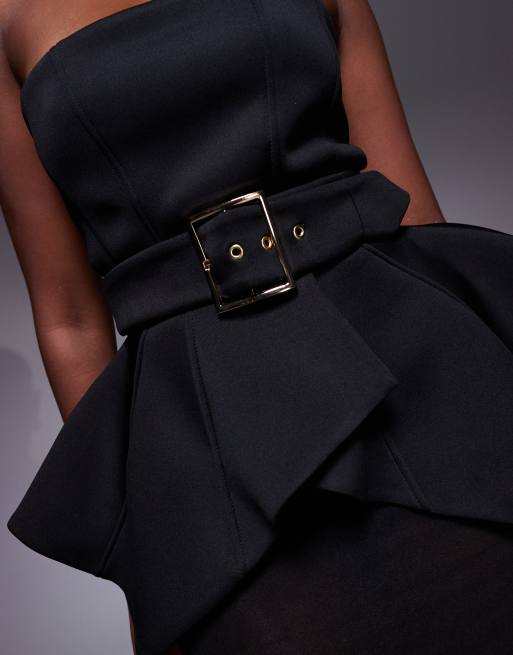 ASOS DESIGN premium scuba bodice maxi dress with cinched belt detail and sheer skirt in black