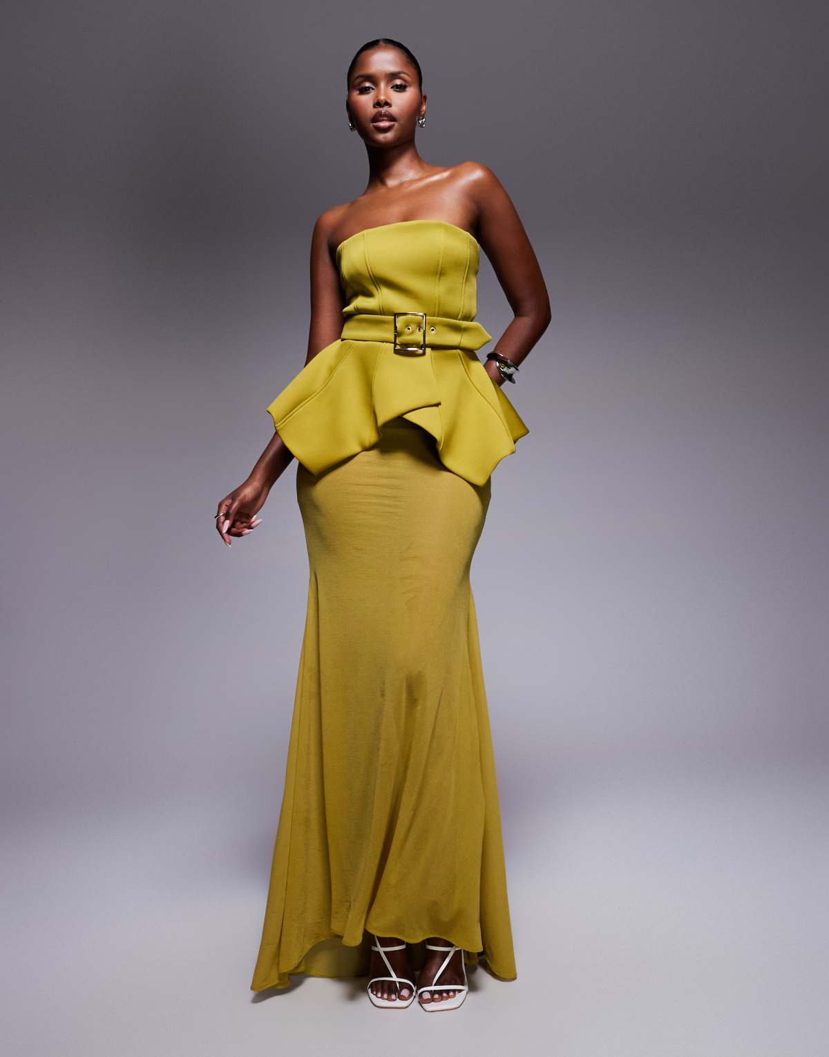 ASOS DESIGN premium scuba bodice maxi dress with cinched belt detail and sheer skirt in green