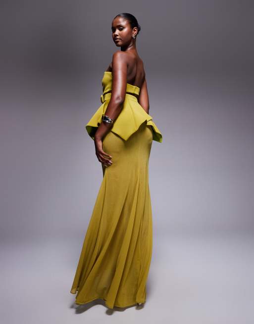 ASOS DESIGN premium scuba bodice maxi dress with cinched belt detail and sheer skirt in green