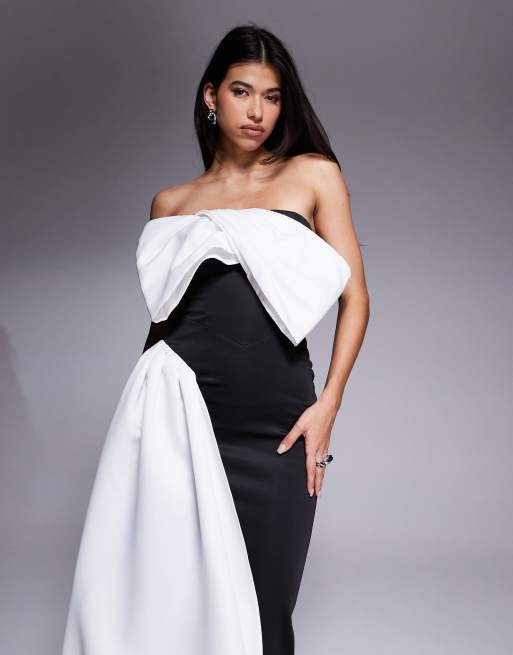 ASOS DESIGN premium scuba fold over off the shoulder maxi dress with contrast sash detail in black