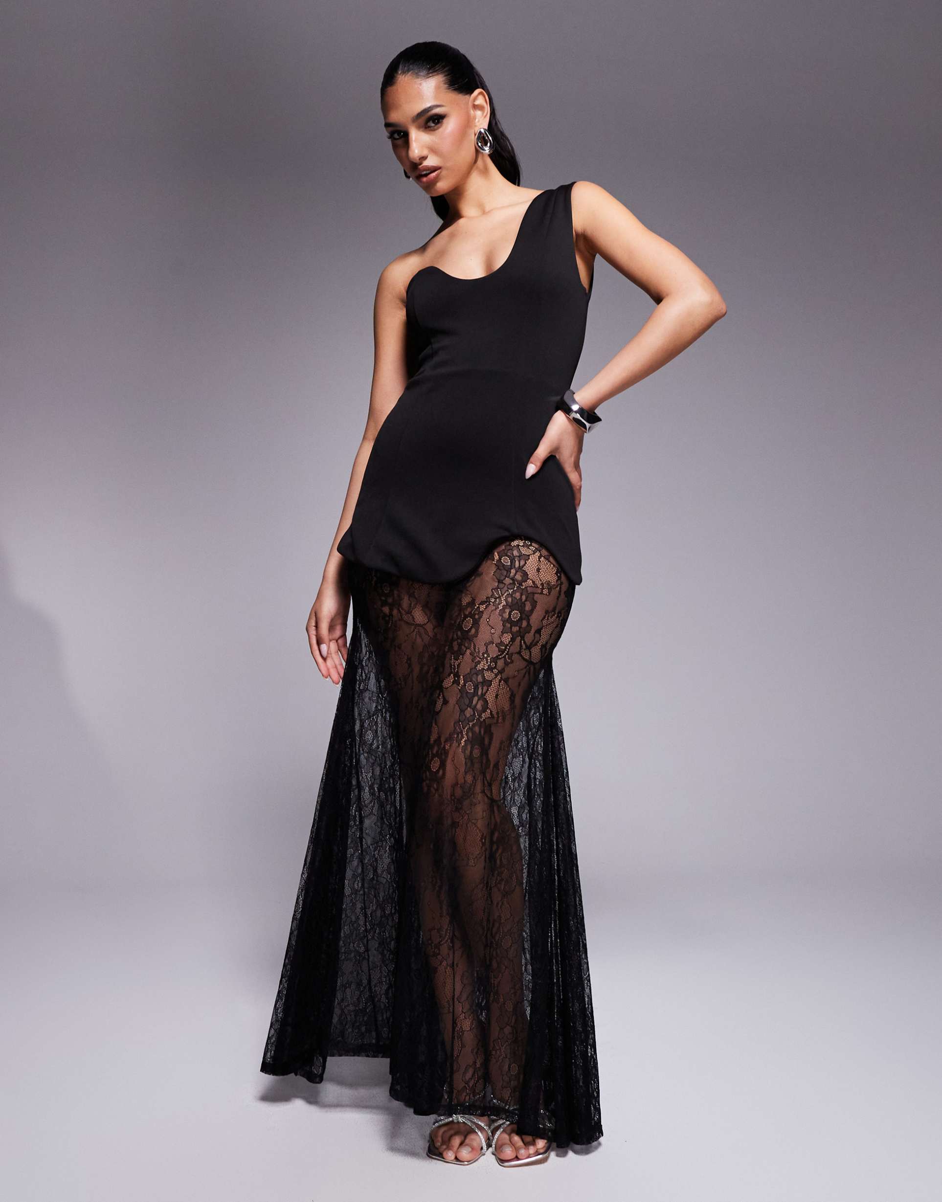 asos design premium scuba maxi dress with asymmetric neckline and lace skirt in black
