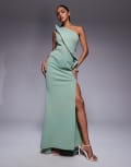 [ASOS DESIGN] ASOS DESIGN premium scuba maxi dress with exaggerated sharp neckline in sage green-Black 16 Sage Green