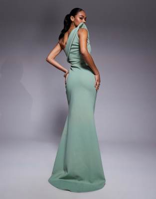 Asos Design Premium Scuba Maxi Dress With Exaggerated Sharp Neckline In Green