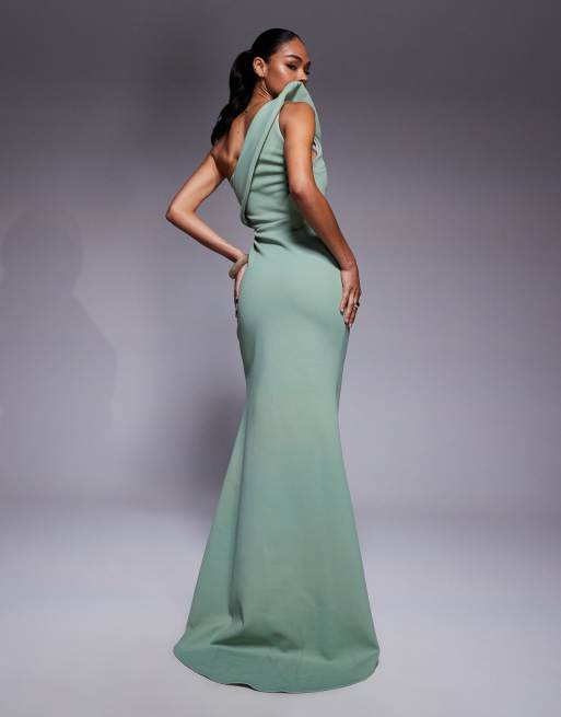 ASOS DESIGN premium scuba maxi dress with exaggerated sharp neckline in sage green