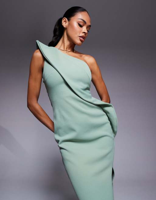 ASOS DESIGN premium scuba maxi dress with exaggerated sharp neckline in sage green