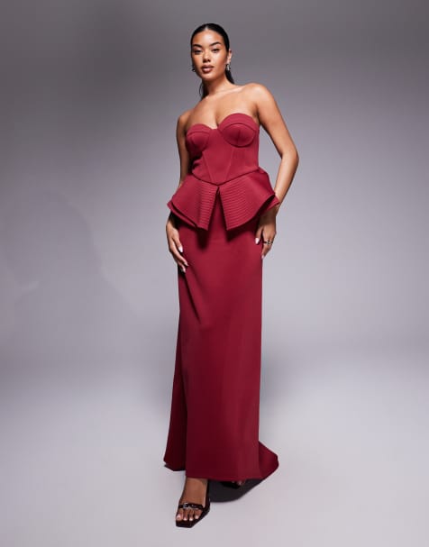 ASOS DESIGN premium  sculpted bandeau maxi dress in burgundy in scuba-style fabric - view 1