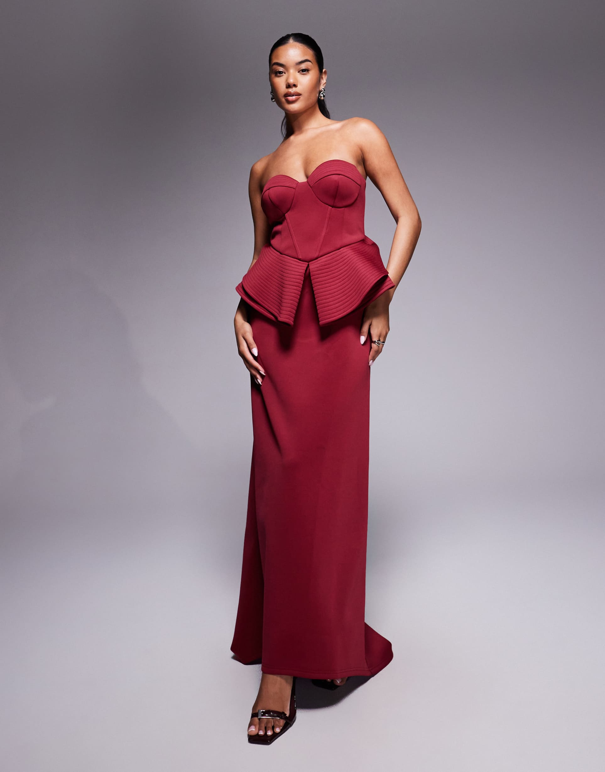 asos design premium sculpted bandeau maxi dress in burgundy scuba-style fabric