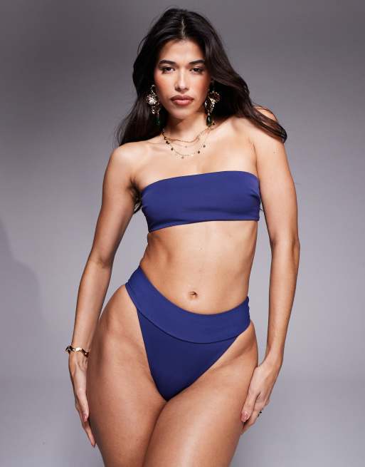ASOS DESIGN premium sculpted bikini bottom with deep waist in navy blue, 4 of 4