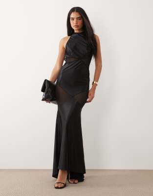 Asos Design Premium Sculpted Mesh Panel Maxi Dress With Strappy Back In Black