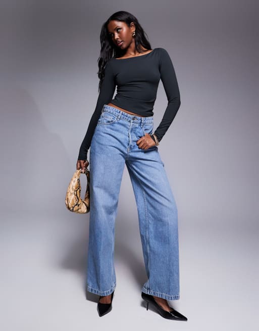 ASOS DESIGN premium sculpting boat neck long sleeve top in black - Main Image