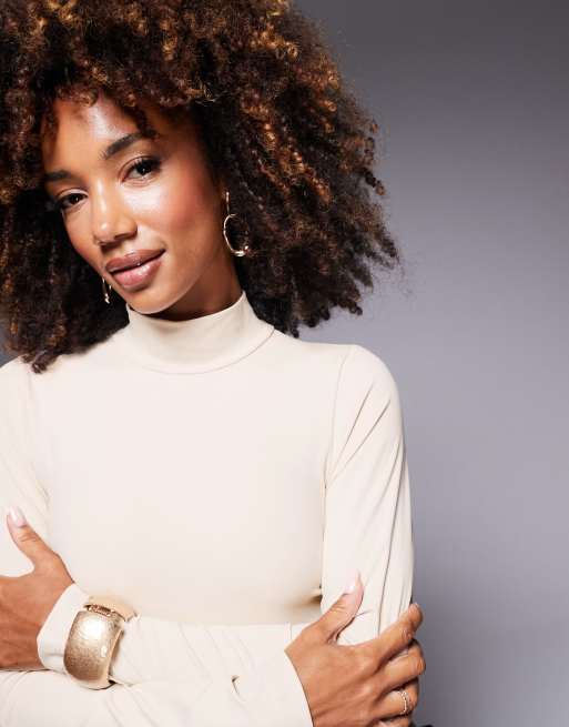 ASOS DESIGN premium sculpting high neck long sleeve bodysuit in stone 