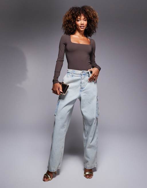 ASOS DESIGN premium sculpting square neck long sleeve bodysuit in chocolate , 3 of 4