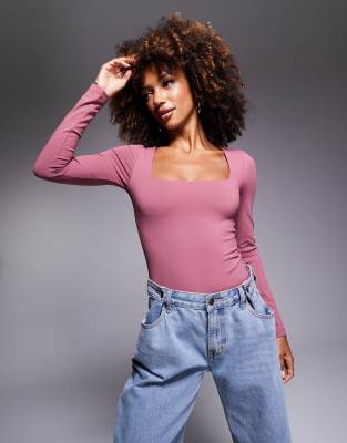 ASOS DESIGN ASOS DESIGN premium sculpting square neck long sleeve bodysuit in mauve - PURPLE