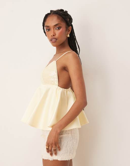 ASOS DESIGN Premium sequin bust cami with satin peplum hem in lemon yellow , 2 of 4
