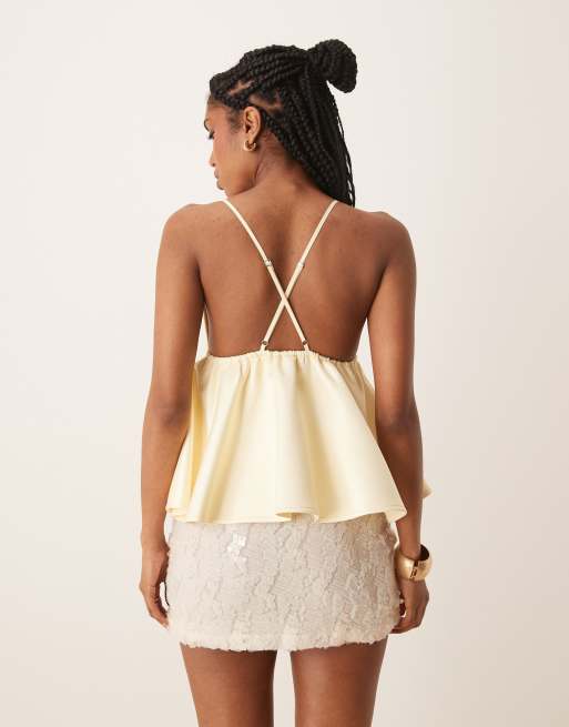 ASOS DESIGN Premium sequin bust cami with satin peplum hem in lemon yellow , 3 of 4