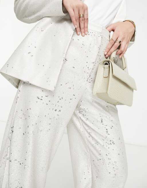 ASOS DESIGN premium sequin wide leg suit pant in cream, 3 of 4