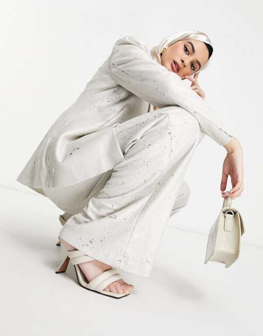 ASOS DESIGN premium sequin wide leg suit pant in cream, 4 of 4
