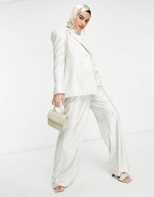 Shop ASOS DESIGN premium sequin wide leg suit trouser in cream Online – Trendy & Affordable Fashion