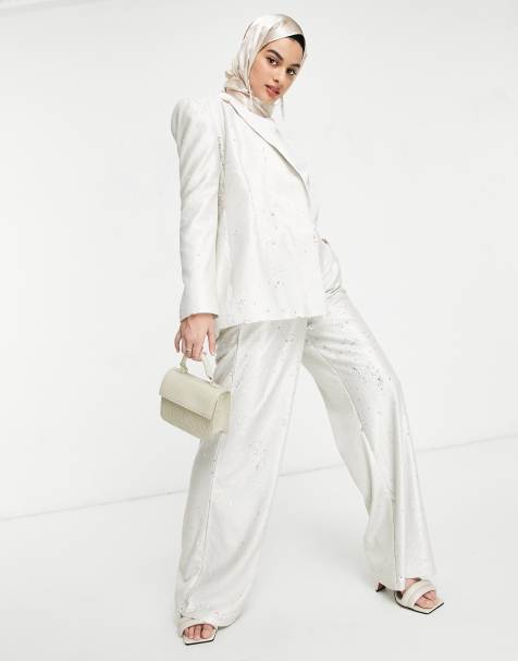 ASOS DESIGN premium sequin wide leg suit trouser in cream - view 1