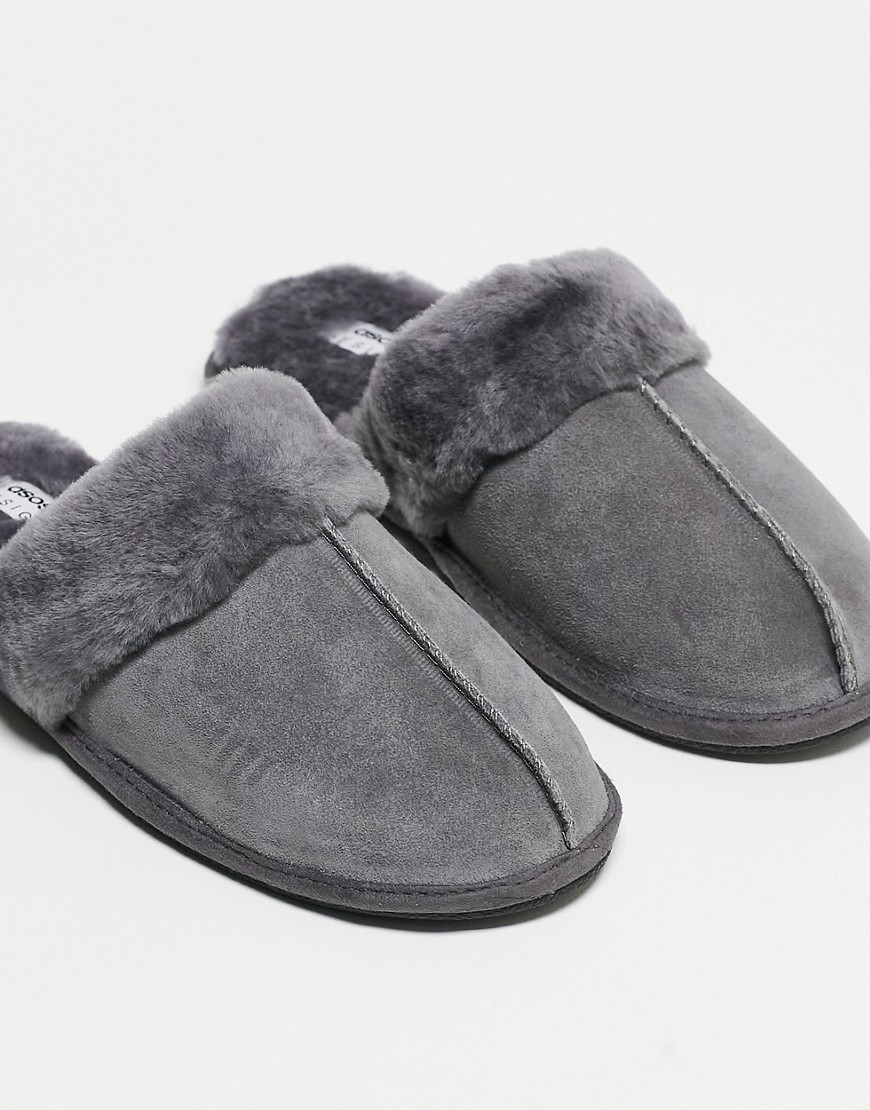 ASOS DESIGN premium sheepskin slipper in gray-Grey
