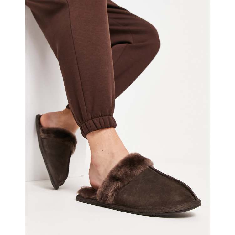 ASOS DESIGN premium sheepskin slippers in brown | ASOS