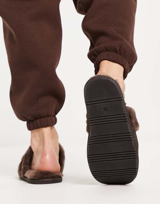 ASOS DESIGN premium sheepskin slippers in brown | ASOS