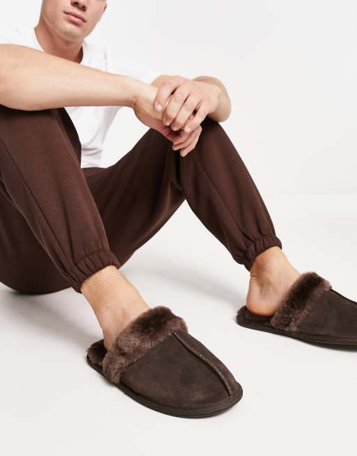 DESIGN sheepskin slippers in brown | ASOS