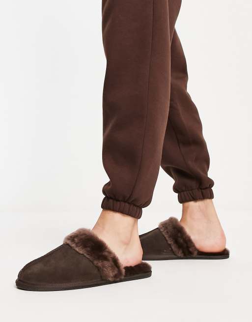 DESIGN sheepskin slippers in brown | ASOS