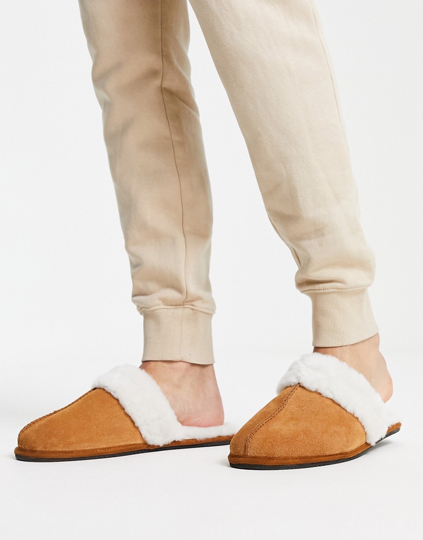 ASOS DESIGN premium sheepskin slippers in tan with cream lining-Brown