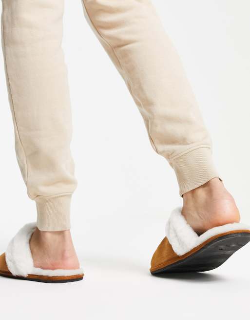 ASOS DESIGN premium sheepskin slippers in tan with cream lining