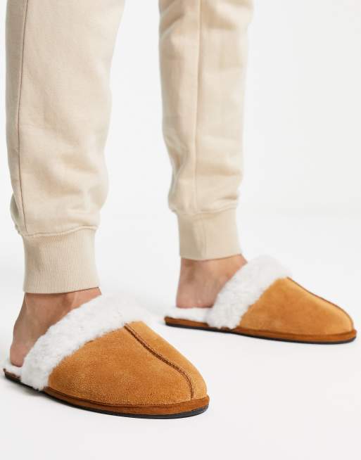 ASOS DESIGN premium sheepskin slippers in tan with cream lining | ASOS