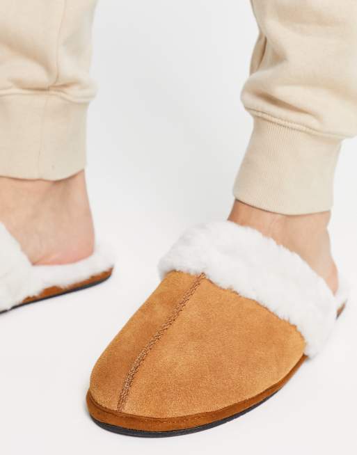 ASOS DESIGN premium sheepskin slippers in tan with cream lining | ASOS