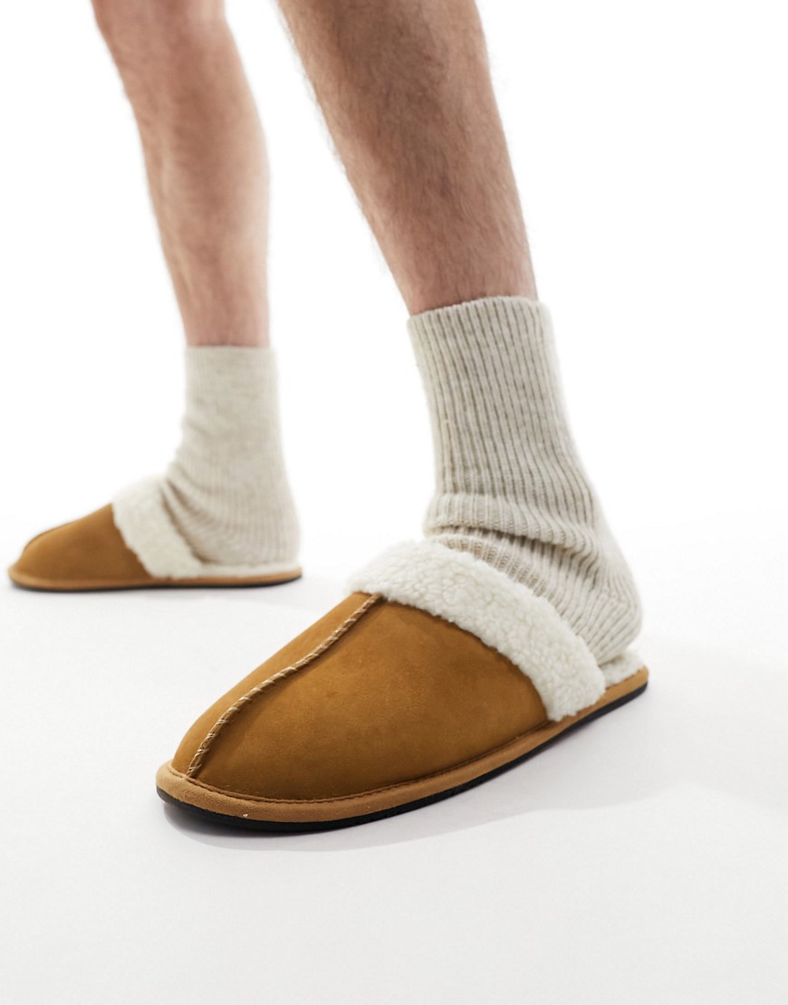 ASOS DESIGN premium sheepskin slippers in tan with teddy lining-Brown