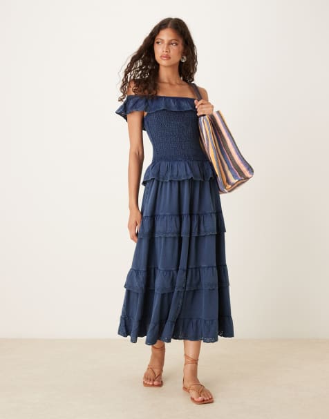 ASOS DESIGN premium shirred bodice with ruffle broderie detail maxi dress - view 1