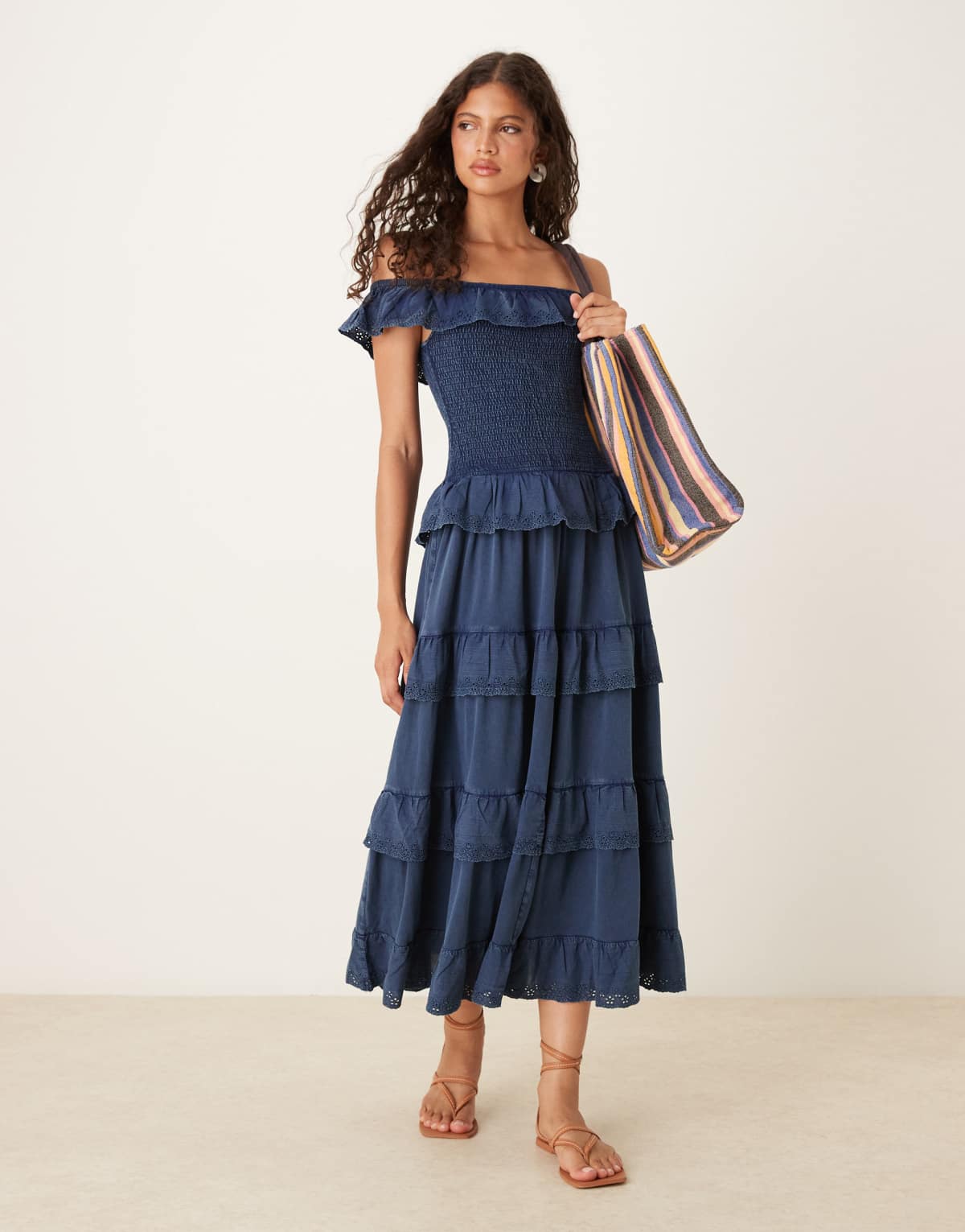 ASOS DESIGN premium shirred bodice with ruffle broderie detail maxi dress