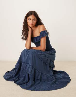 Asos Design Premium Shirred Bodice With Ruffle Broderie Detail Maxi Dress-blue