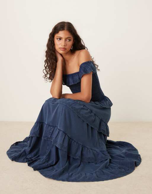 ASOS DESIGN premium shirred bodice with ruffle broderie detail maxi dress, 2 of 4