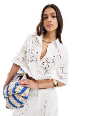 Asos Design Premium Shirt With Cutwork Broderie In White - Part Of A Set