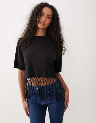 Asos Design Premium Short Sleeve Crop Top With Lattice Fringe Trim In Black