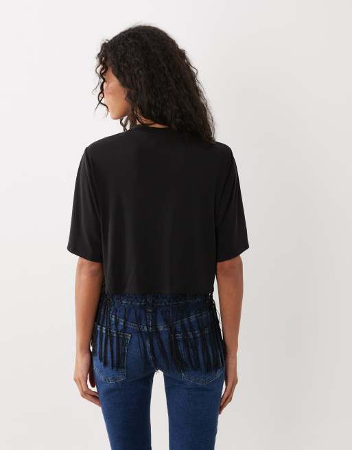 ASOS DESIGN premium short sleeve crop top with lattice fringe trim in black, 4 of 4