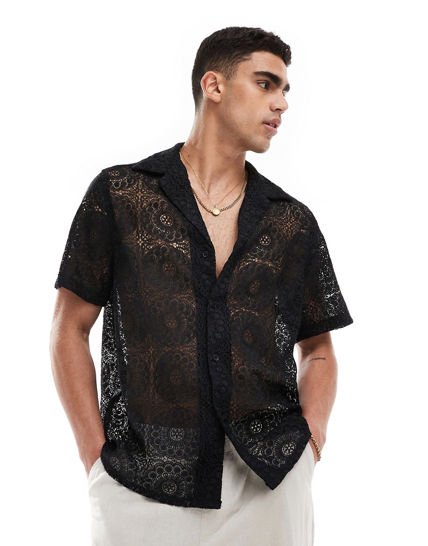 Asos Design Premium Short Sleeve Relaxed Revere Collar Lace Shirt In Black