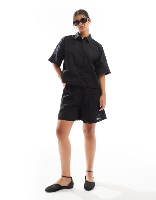 ASOS DESIGN premium short with cutwork detail co-ord in black