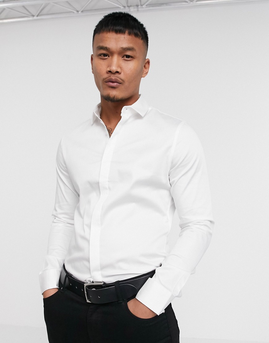 ASOS DESIGN - Premium skinny-fit satinet overhemd in wit