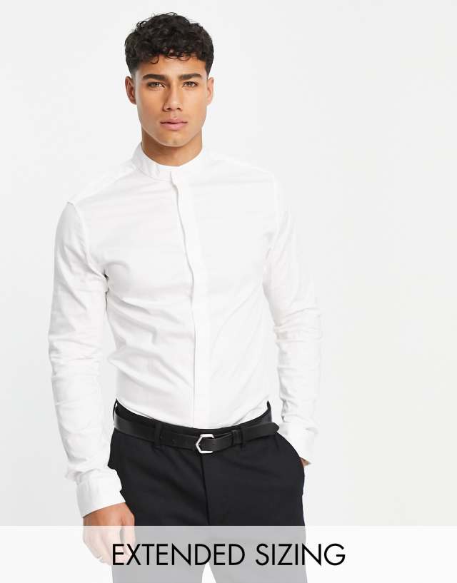 ASOS DESIGN Premium skinny sateen shirt with deep mandarin collar in white