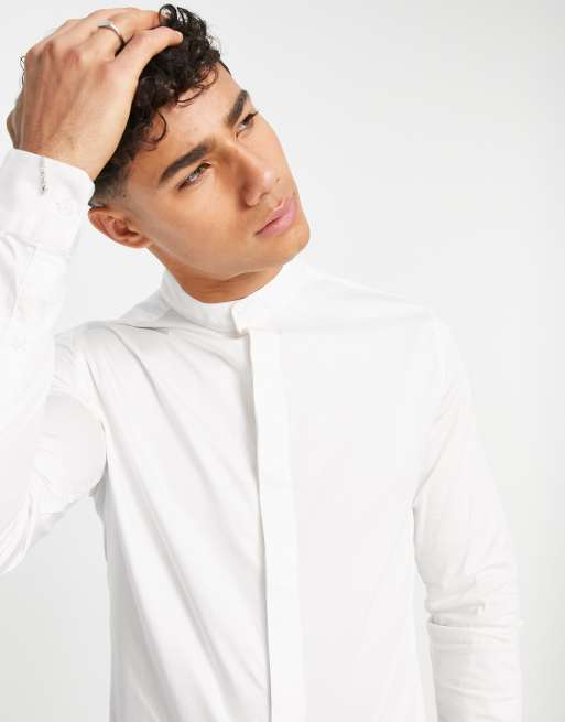 ASOS DESIGN Premium slim fit sateen shirt with mandarin collar in white