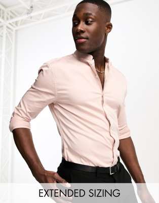 ASOS DESIGN wedding premium skinny sateen shirt with mandarin collar in light pink